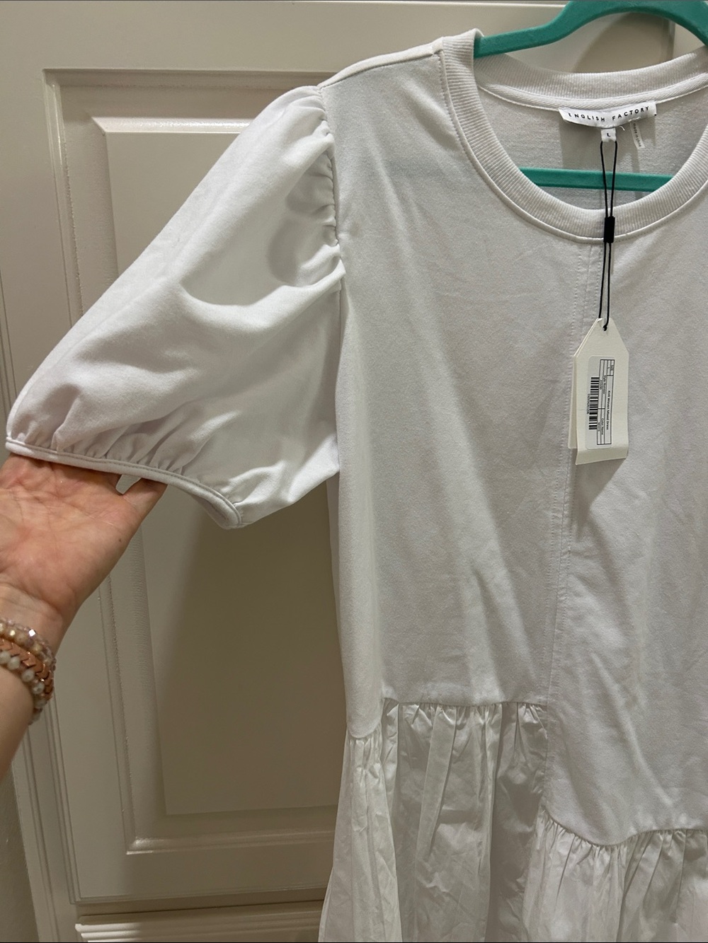 English Factory White Puff Sleeve Tiered Mini Dress - Picture 9 of 10